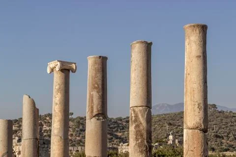 Clear shoot of array of antique corinthian style of stone columns in Turkey w Stock Photos