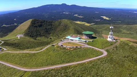 Clear Skies Over Cold Wind Mountain and Observation Deck 01: Drone Aerial Stock Footage 333156129
