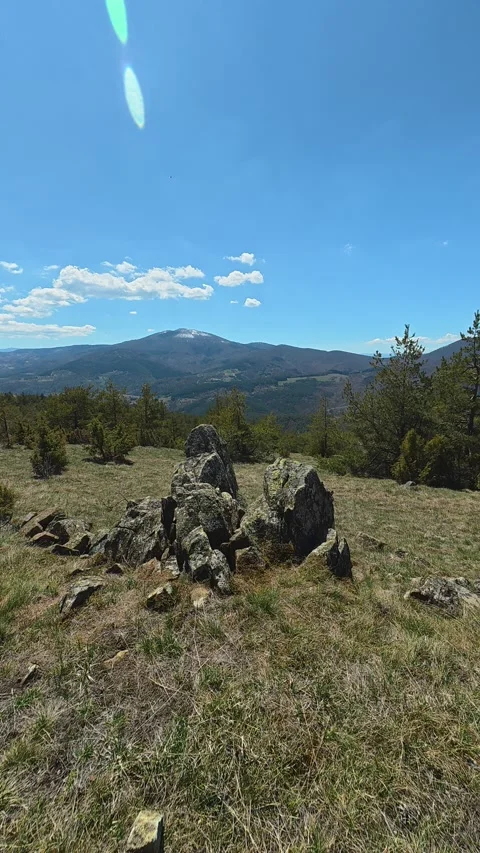 Clear sky above rugged mountain peaks. Balkan, Eastern Europe, POV Video stock 333634967