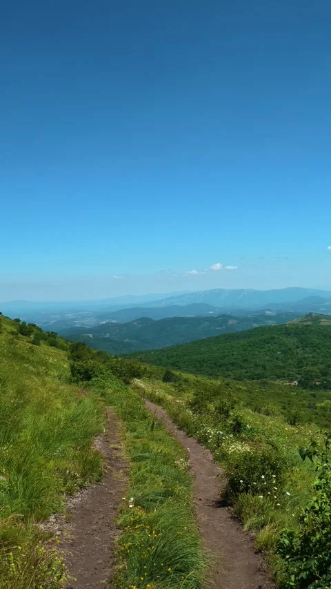 Clear sky above winding trail through green hills. Mount Rtanj, Serbia. Vertical Video stock 342318110