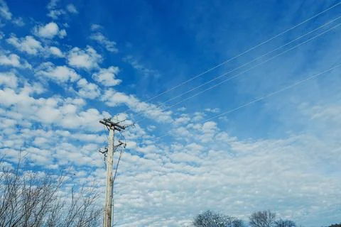 Clear sky with clouds and power lines above a tree line on a sunny day in a.. Stock Photos