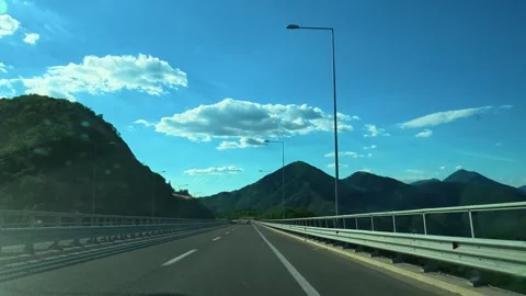 Clear sky with fluffy clouds above highway. Macedonia Stock Footage 340638555