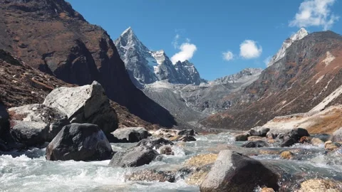 Clear Stream Flowing Over Stone Boulders In Highlands Of Himalayas Mountains Stock Footage 260472545