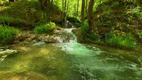 Clear stream flows over rocks in lush green forest. Gostilje Waterfall, Serbia. Vídeos de archivo 337061210