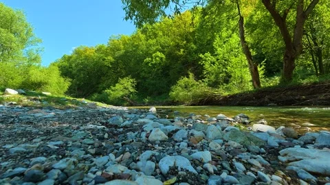 Clear stream flows over smooth, blue-gray stones. Gradac River, Serbia Stockbeeldmateriaal 335075649