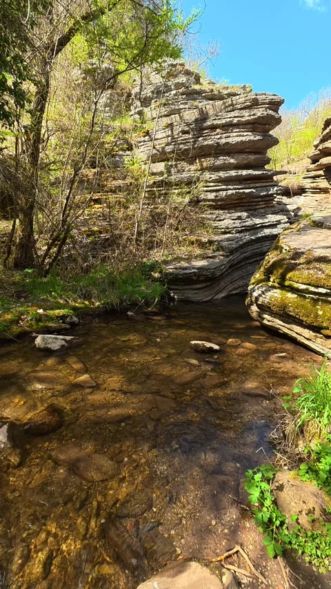 Clear stream flows through rocky canyon walls. Rosomac Gorge, Vertical Stock Footage 335947601