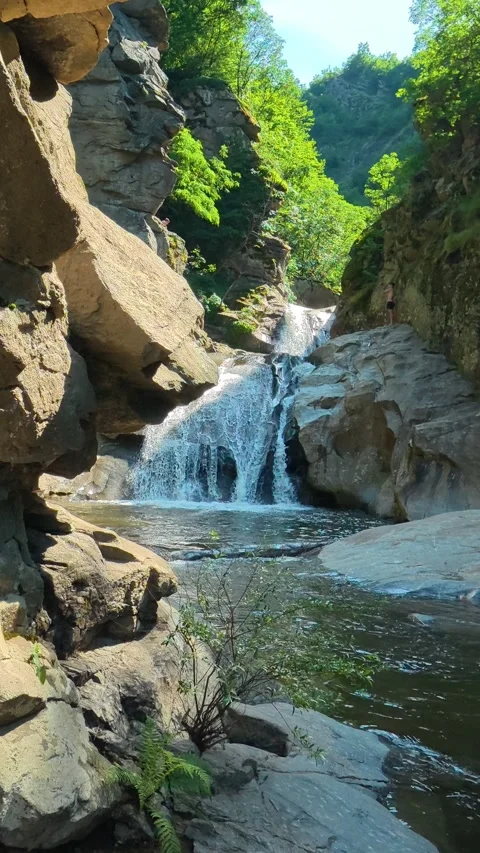 Clear stream reflects sky. Vucjanka Canyon, Serbia. Vertical Stock Footage 341131172