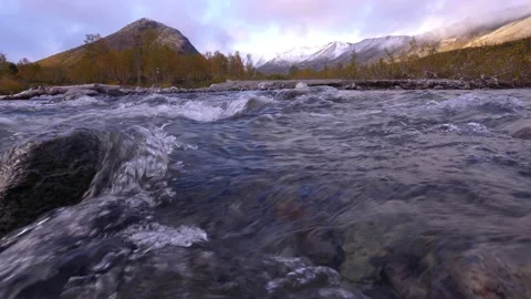 A clear stream running over stone boulders in the Khibiny. Abundant river Stock Footage 164782581