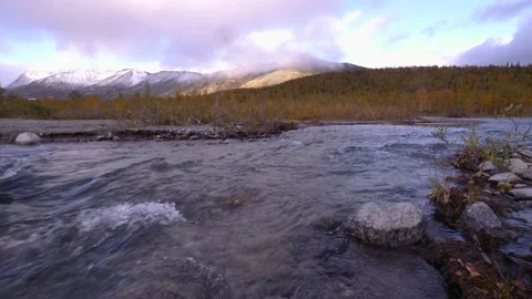 A clear stream running over stone boulders in the Khibiny. Abundant river Stock Footage 164782908