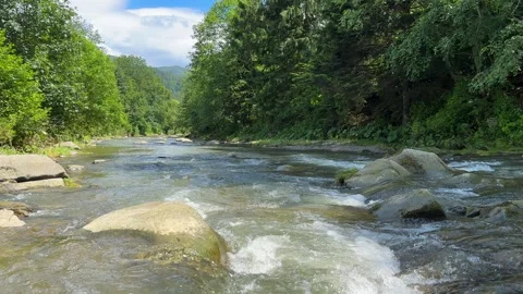 Clear stream running through stone boulders between rocky shores in woodland Stock Footage 251822885