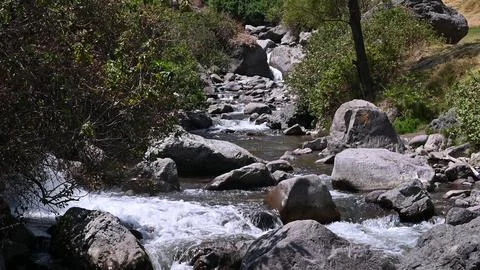Clear stream running through stone rocks. Abundant river flowing on stone bottom Stock Photos