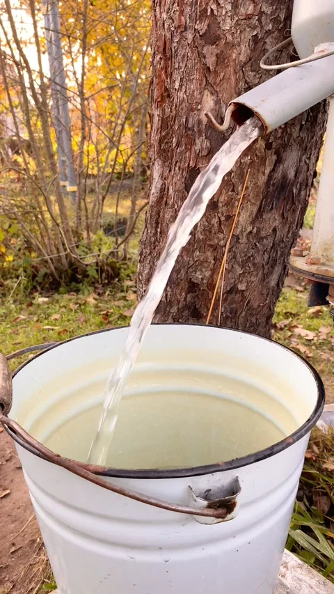 A clear stream of water flowing smoothly into a bucket from a pipe Stock Footage 319953079