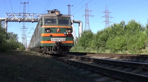 Clear summer morning, freight train moving Stock Footage 54602645