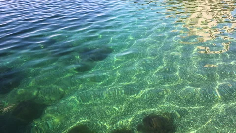 Clear surface water moving gently with light reflections, revealing the textured Stock Footage 335268882