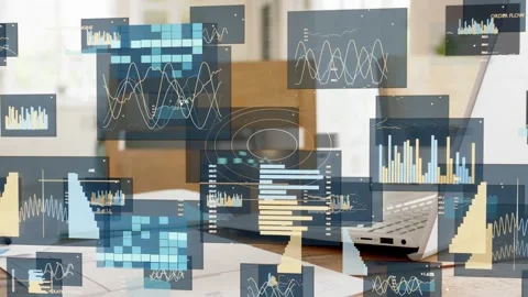 Clear tiles appearing above pages, growing into layered data panels, framing Stock Footage 337912997