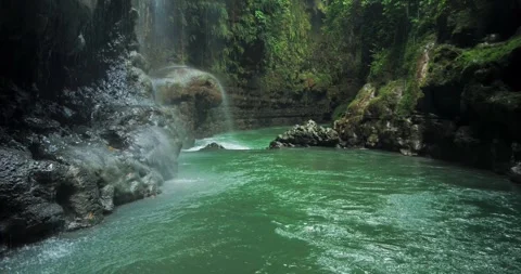 Clear Tropical River Flow with Natural Rock Formations Aerial View 스톡 동영상 332654776