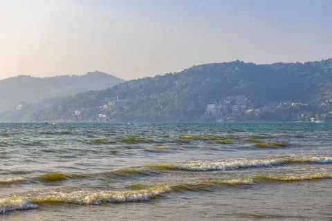 Clear turquoise blue waves wave water and beach sand Thailand. 스톡 사진