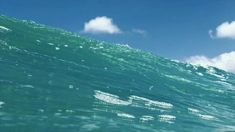 Clear turquoise ocean wave in slowmotion underwater, bubbles, drops and splashes Video stock 154522376