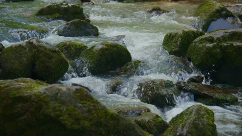 Clear water crashes against smooth, moss-covered stones Stock Footage 335812232