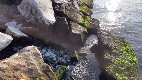 Clear water flowing between the rocks and into the sea. Stock Footage 252493252