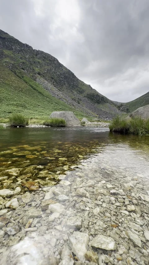 Clear water flowing over rocks in the mountains. Vertical video. Stock Footage 299040910