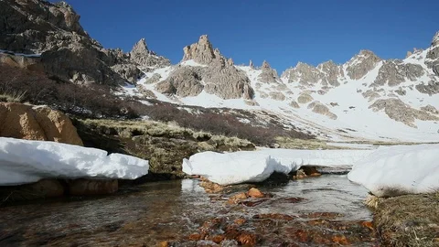 Clear water flowing under mountain range in Bariloche Patagonia Argentina Stock Footage 100897960