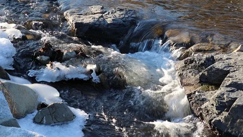 Clear water flows down the small stream in winter. Stock Footage 101415593