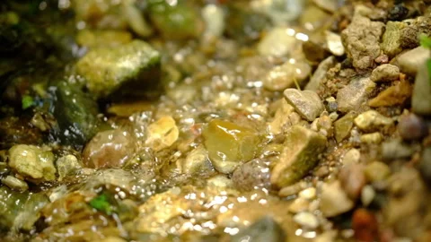 Clear water flows gently over smooth stones and textured rocks Stock Footage 333892907