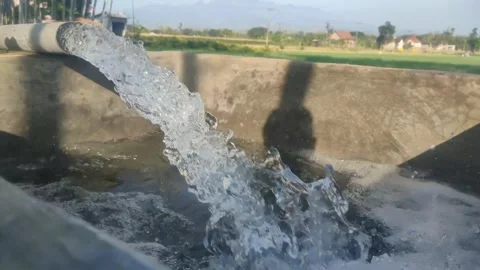 Clear water flows profusely from the irrigation pipes of the fields, Stock Footage 249393422