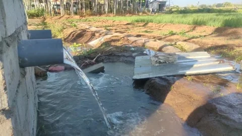 Clear water flows profusely from the irrigation pipes of the fields, Stock Footage 249393430