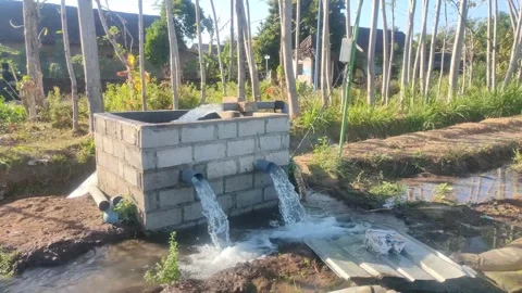 Clear water flows profusely from the irrigation pipes of the fields, Stock Footage 249393437