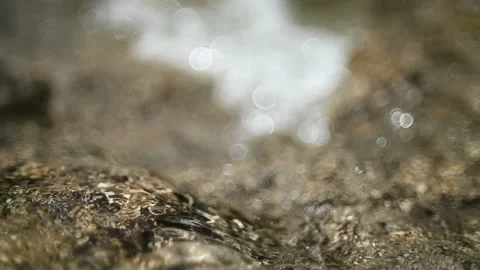 Clear water from a mountain stream in summer sunlight (slow motion, bokeh) 스톡 동영상 219634719