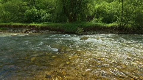 Clear water rushes over smooth stones. Slowmotion. Gradac River, Serbia Stockbeeldmateriaal 335041561