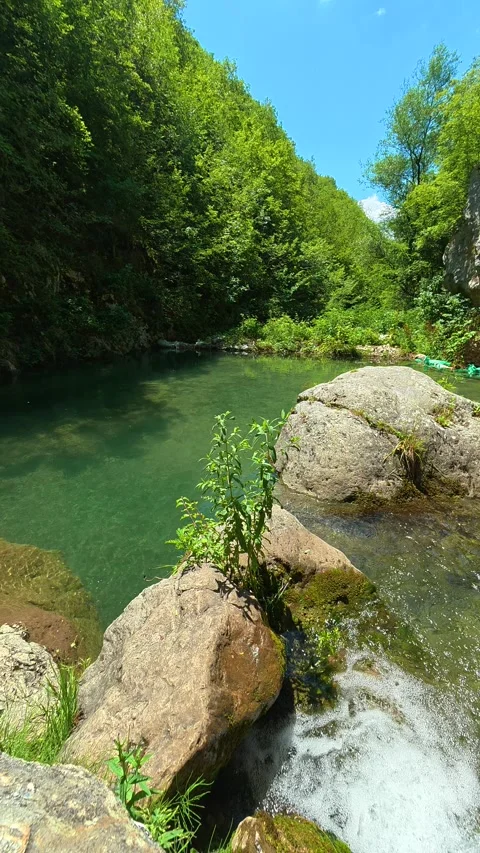 Clear water rushes over smooth stones. Gradasnica River Canyon, Vertical Vidéo 342327438
