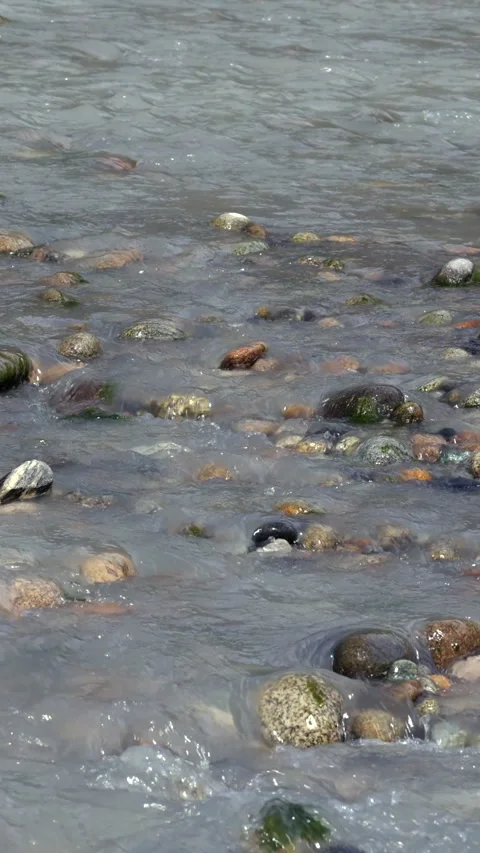 Clear Water Of A Shallow Stream Or River Flows Gently Over Smooth, Rounded Rocks Video stock 322980045