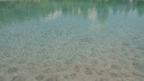 Clear water surface and bottom, reflection trees and house Stock Footage 82188187