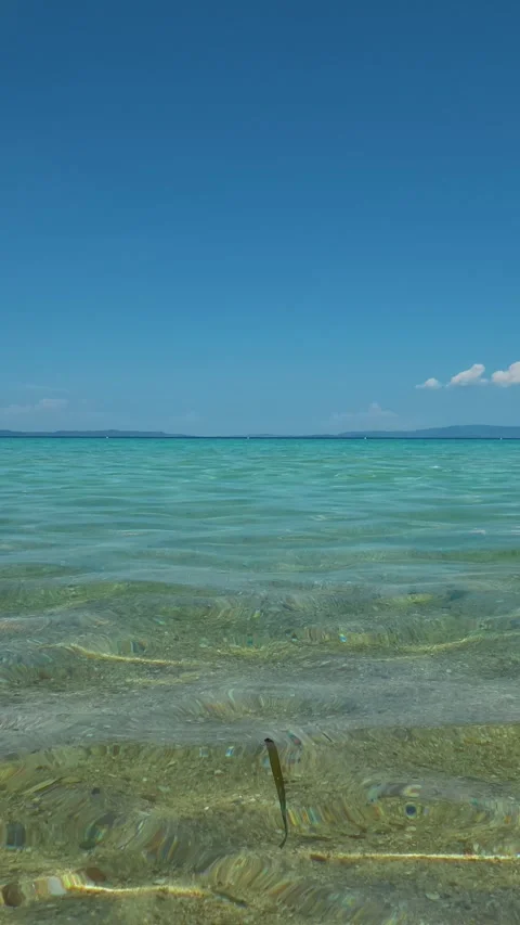 Clear waters gently lap over sunlit rocks. Trani Ammouda, Greece. Vertical Stock Footage 338357900