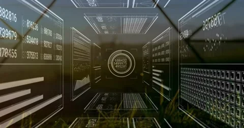 Clear wireframe tunnel on grass, live data driving graphs, central circle Stock Footage 331757722