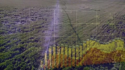 Cleared corridor running through farm, grid overlay showing stacked bars, orange Stock Footage 332566104