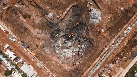 Cleared Demolition And Construction Site With Debris And Machinery Seen From Fotos de archivo