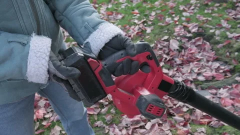 Clearing away leaves with a cordless leaf blower Stock Footage 327441481
