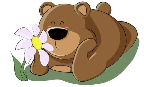 In the clearing, the bear cub decided to smell the flowers and relax Stock Illustration
