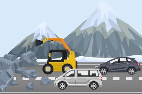 Clearing rubble on highway, construction equipment remove rock from road, flat Stock Illustration