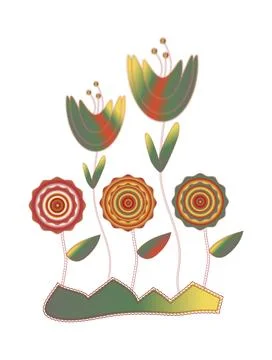 A clearing with several different flowers. Patchwork style. Stock-Illustration