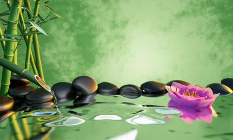 Clearwater flows out of bamboo sections. The shiny black stones overlap. The Stock Illustration