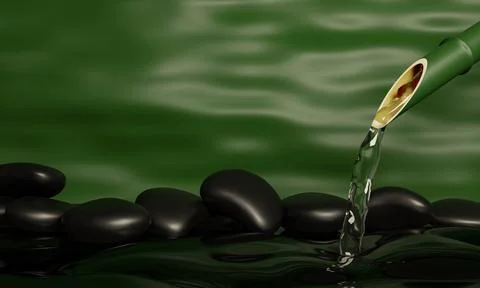 Clearwater flows out of bamboo sections. The shiny black stones overlap. The  Stock Illustration