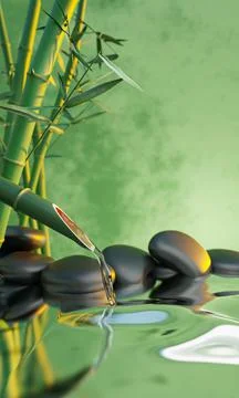 Clearwater flows out of bamboo sections. The shiny black stones overlap. The  Stock Illustration