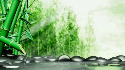 Clearwater flows out of bamboo sections. The shiny black stones overlap sid.. Stock Illustration