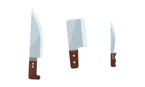 Cleaver or Kitchen Knives as Tool with Blade and Wooden Handle Vector Set Illustration