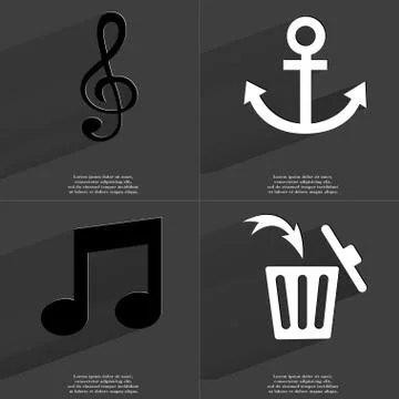 Clef, Anchor, Note, Trash can icon sign. Set of Symbols with Flat design and  库存插图